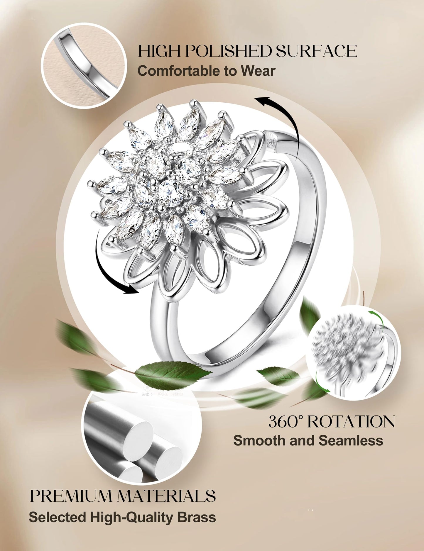 MILACOLATO 14K Gold Plated Fidget Ring for Women Adjustable Anxiety Rings Open CZ Butterfly Sunflower Bead Spinner Rings for Anxiety Stress Relief S