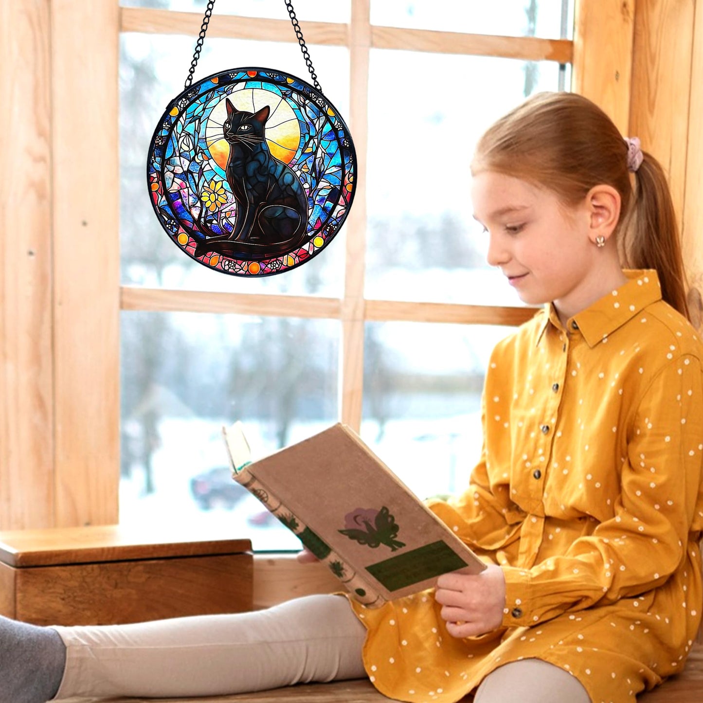 kdqua Black Cat Suncatcher Stained Glass Window Hanging, Gothic Kitty Sun Catchers Indoor Window Glass Round Wall Decor, Cat Wall Art Hanging Decorations Statues, 7.9x7.9in