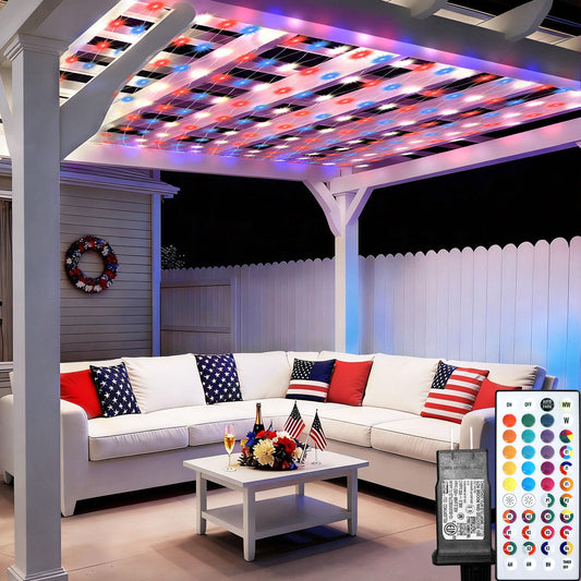 12ft x 12ft Net Lights 4th of July Decorations, 400LED 35 Colors Changing Large Gazebo Net Lights Clear Wire, Waterproof Fairy Lights Chandelier for Patio Pergolas Backyard Bush Wedding Outdoor Party