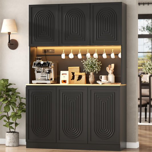 71" Black Kitchen Pantry with Power Outlet & LED Light, Large Kitchen Hutch Cabinet with Adjustable Shelf, Modern Buffet Cabinet with 6 Doors, Food Pantry Storage for Dining Room (Black 6 Doors)