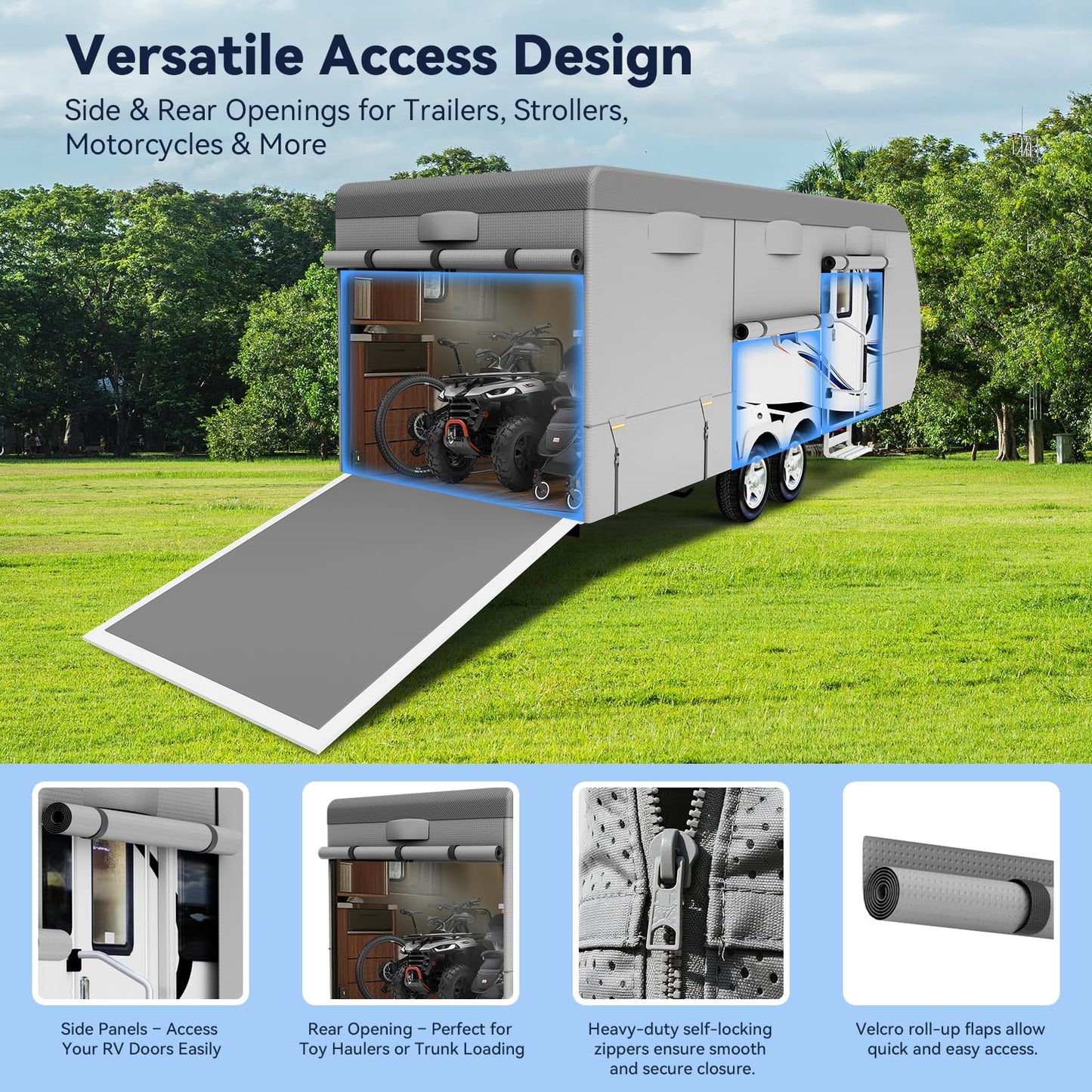 Heavy Duty Travel Trailer RV Cover 24-27ft, Rv Trailer Cover 8 Layers Breathable Waterproof Rip-Stop Camper Cover with Adhesive Repair Patches, Gutter, Tire & Additional Straps