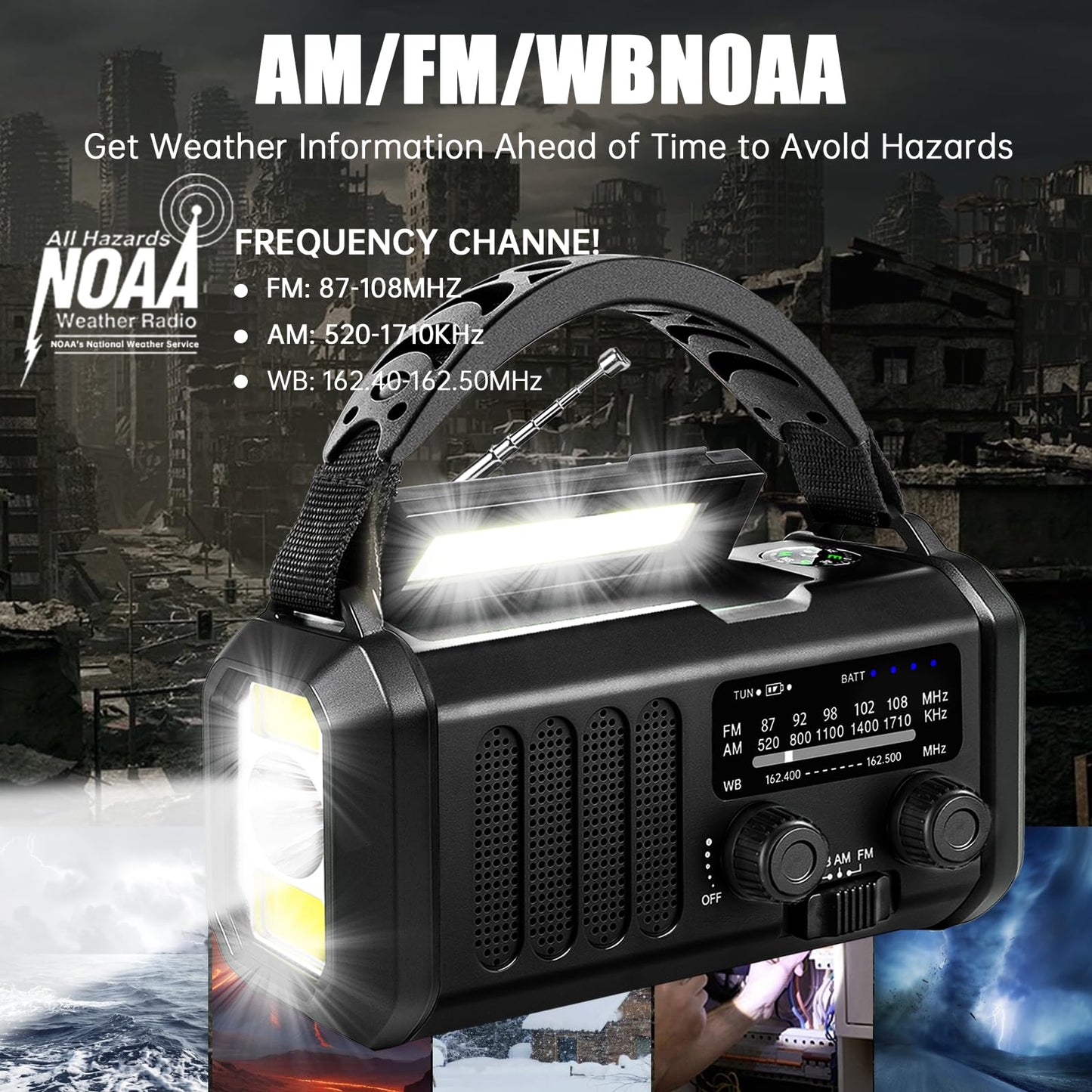Emergency Weather Radio 20000mAh NOAA/AM/FM with 74000mWh USB/Solar/Hand Crank Charging, Battery Operated, SOS Alarm & Flashlight for Indoor/Outdoor Emergencies (Black)