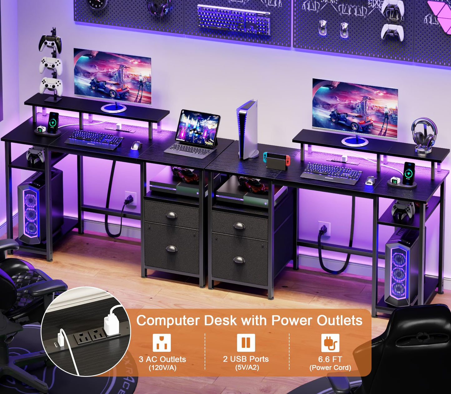 Furologee 51" Computer Desk with Outlet and LED Lights, Gaming Desk with Fabric Drawer, Home Office Table with Adjustable Shelves and Monitor Stand, Writing Study Table for Bedroom, Black