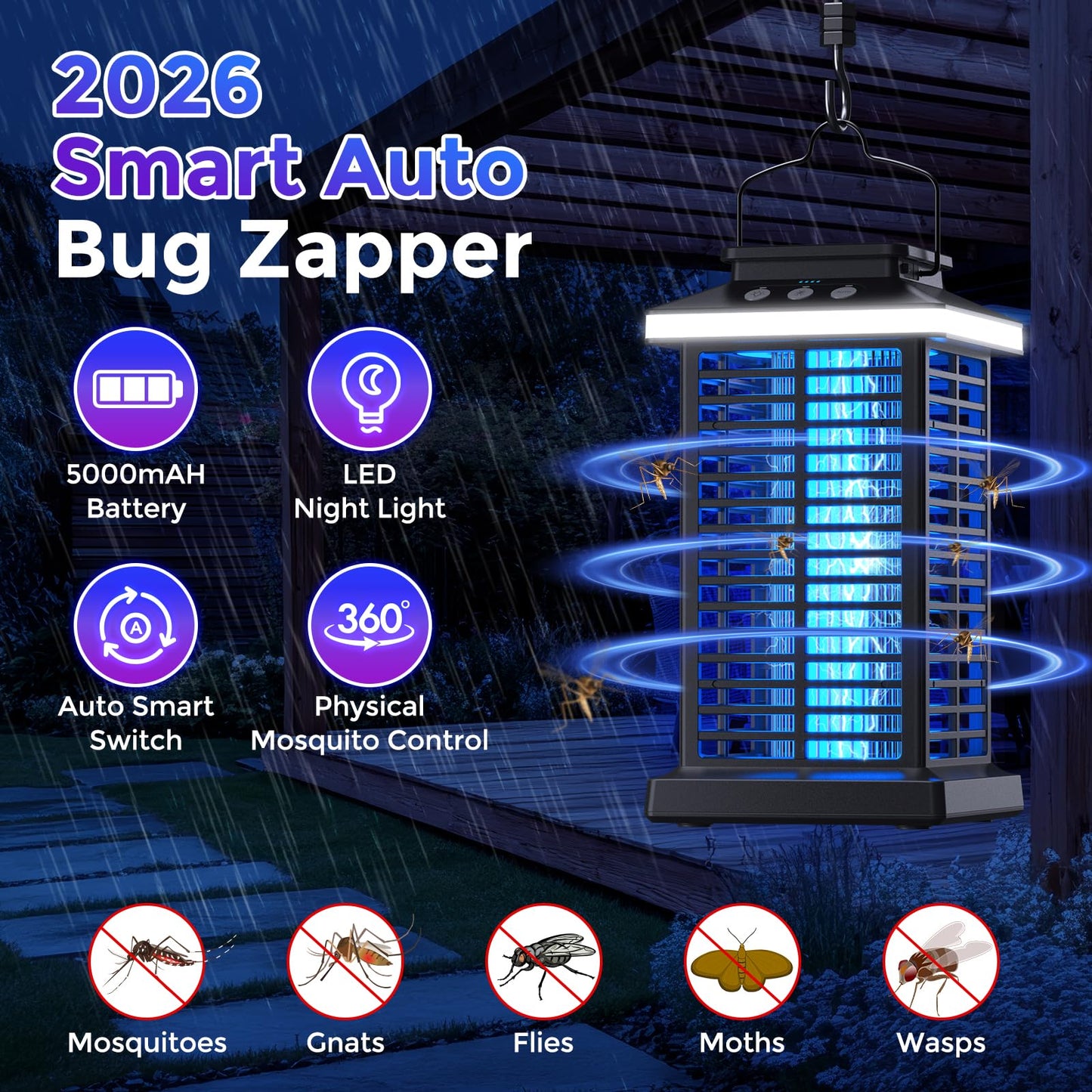 Bug Zapper Outdoor, Mosquito Zapper 3 in 1 Rechargeable Bug Zapper Outdoor with 5000mAh Battery & LED Night Light, 4000V Electric Fly Zapper for Outside,Patio,Backyard,Garden Black