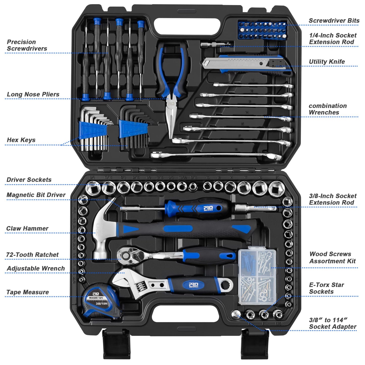 Prostormer 200-Piece Hand Tool Set, General Home and Auto Repair Tool Kit with Toolbox Storage Case for Mechanical Repair, DIY, Home Maintenance