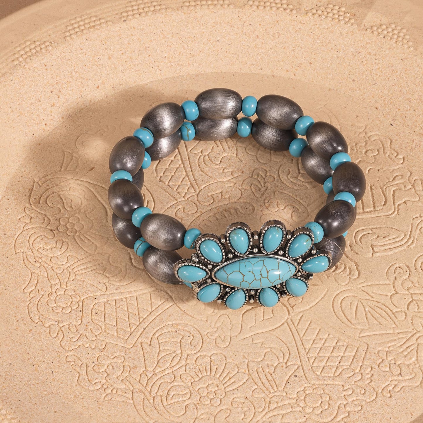 Montana West Rustic Couture's Jewelry Western Navajo Beaded Turquoise Cuff Bangle Bracelets Bohemian Vintage Elastic Bracelet for Women Cowgirl RCW-WH06TQ