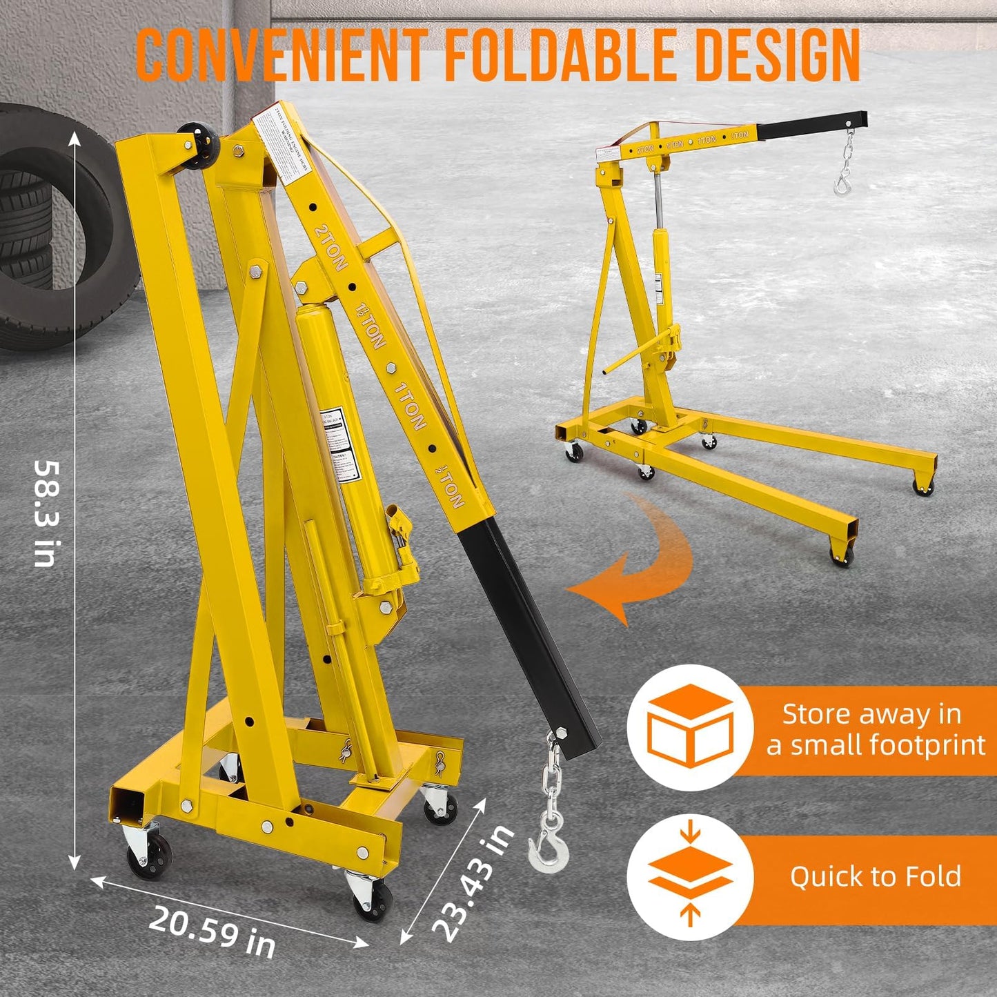 2 T Engine Hoist, 4000 LBS Heavy Duty Folding Cherry Picker Engine Lift Hydraulic Tilting Engine Shop Crane with 6 Iron Caster Wheels Telescopic Boom Hitch,Yellow