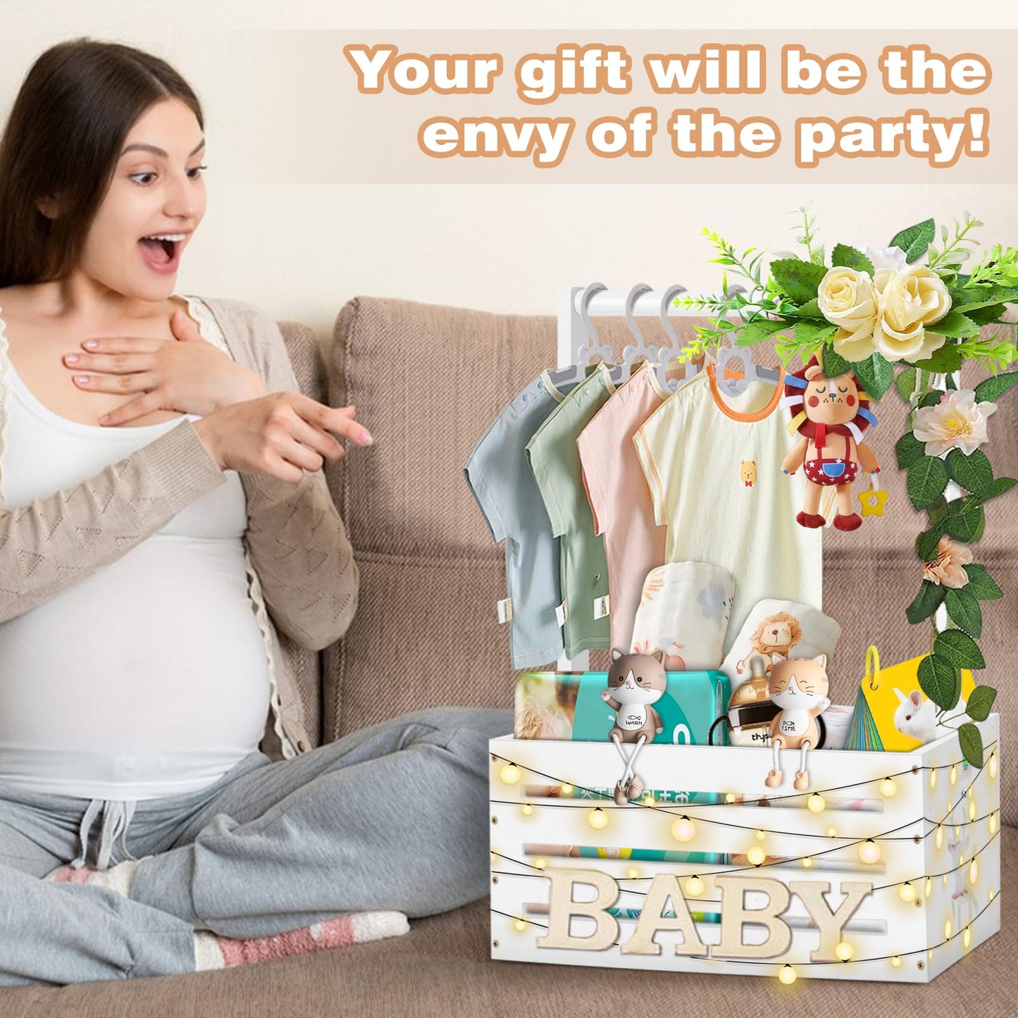 Wooden Baby Shower Crate Closet, Large Baby Toy Storage Basket with Handle, 30"x16"x11" for Newborn Boys Girls Pregnancy New Parents Gifts - White Color