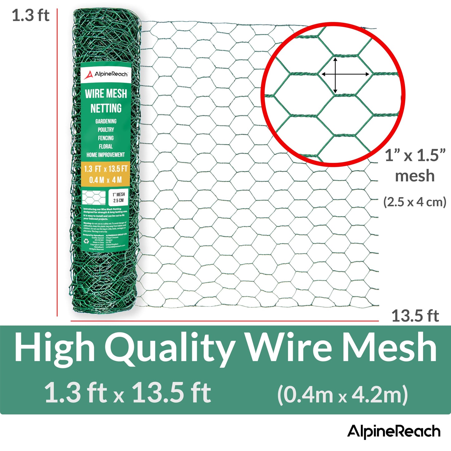 AlpineReach Chicken Wire 1.3ft x 13.5ft Fencing for Poultry, Crafts, Floral Arrangements, Zip Ties - Green Mesh Roll Galvanized Hexagonal PVC Coated Garden Netting for Gardening Fence (15.6" x 162")