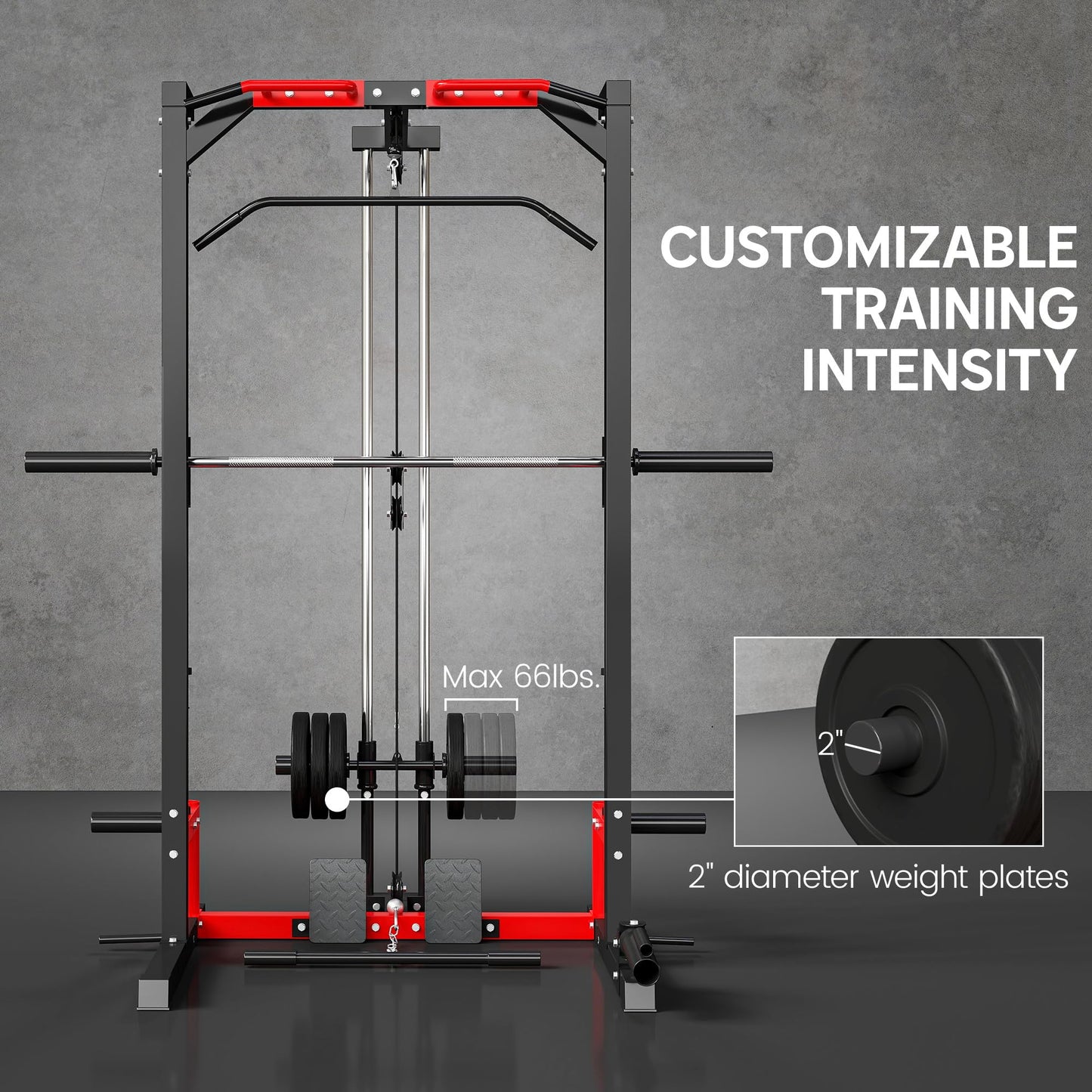 Soozier Power Cage Smith Machine, Multi-Function Power Rack with Pull Up Bar, LAT Pull Down System and Squat Rack, Barbell Bar, Plate Storage Posts, Landmine, for Home Gym