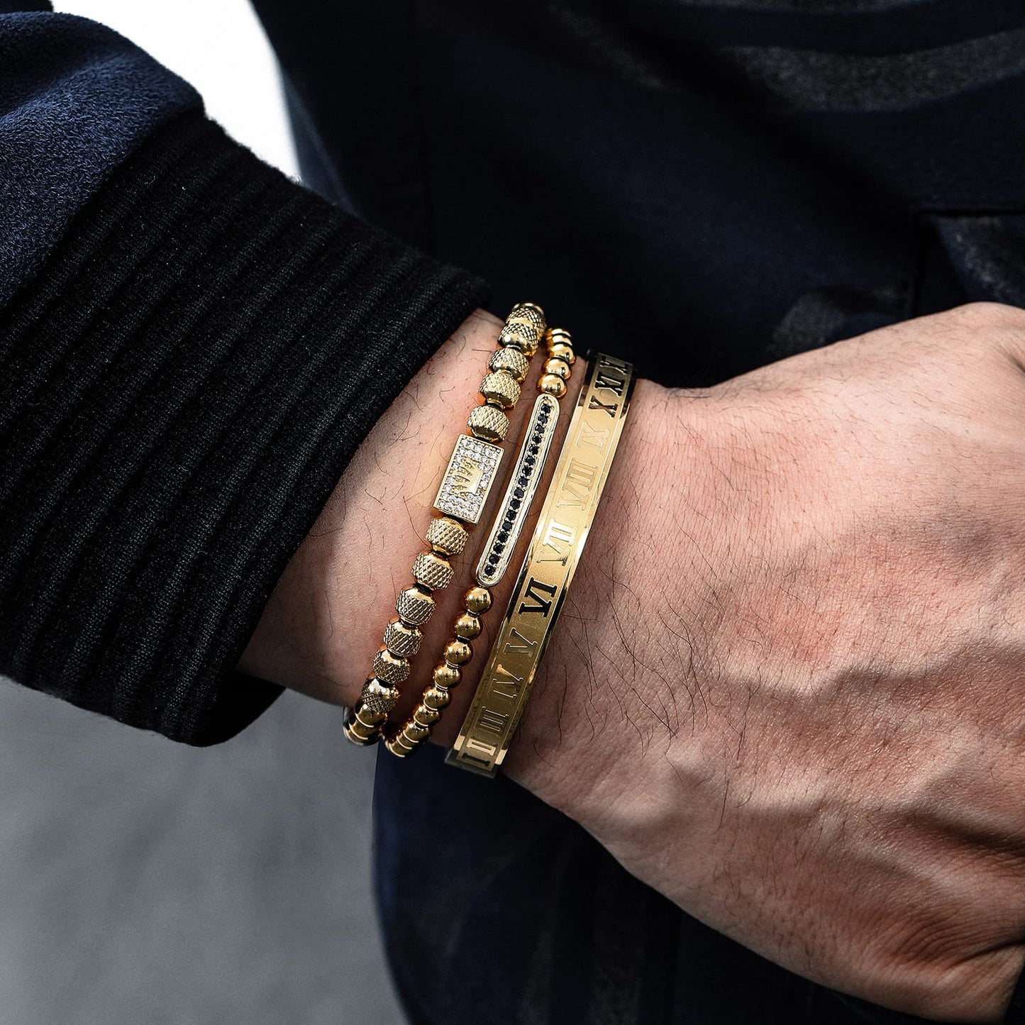 WFYOU 3PCS Stainless Steel Bracelets for Men Gold Roman Numeral Bangle Bracelet Twisted Cable Bracelet Adjustable Cuff Bracelet Mens Luxury Jewelry Bracelets Gifts(H:Gold)