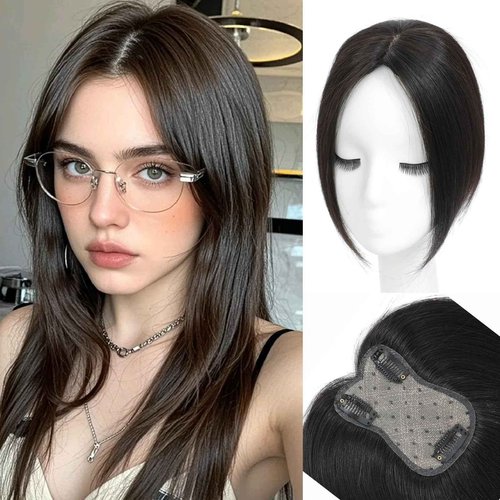 Hair Toppers for Women Real Human Hair， 360° 3D Cover Hair Topper Clip in Bangs 10 Inch Realistic Scalp Pieces for Women with Thinning Crown (Dark Brown, Side Bangs)