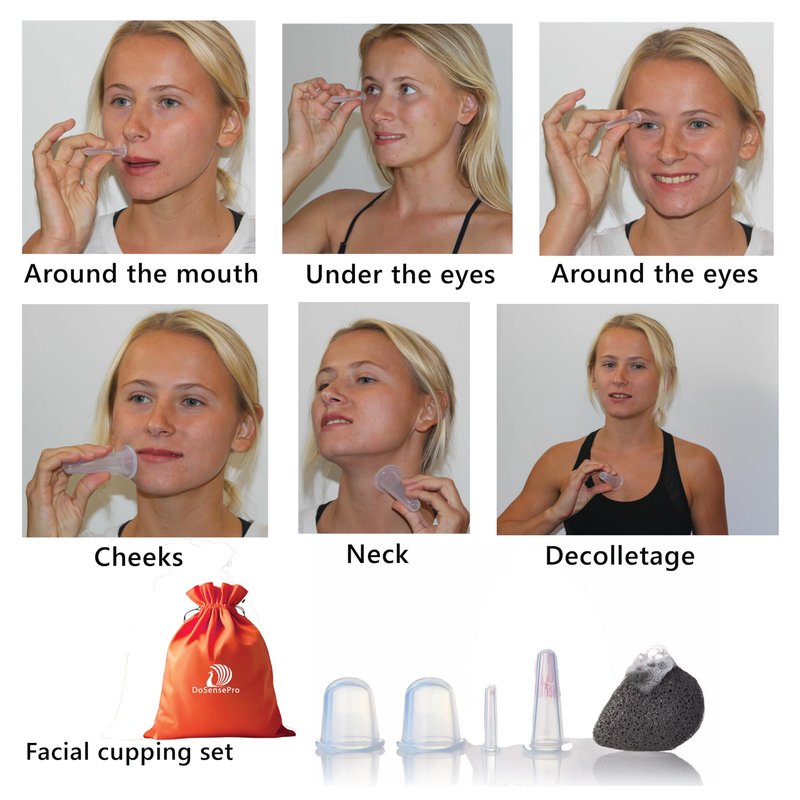 DoSensePro Silicone Facial Cupping Set - 4 Cups for Face, Neck & Jaw, TMJ Tension, Lymphatic Drainage, Anti-Puffiness & Cellulite, Medical-Grade Kit with Konjac Sponge, Storage Bag & Guide