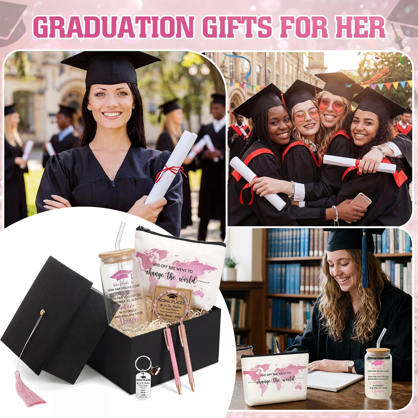 Vesici 8 Pcs Class of 2026 Graduation Gift Box Set for Women Her Grad Cap Box Glass Cup Makeup Bag Bracelet Pen Keychain College High School Graduation Gift for Daughter Sister Friend(Pink)