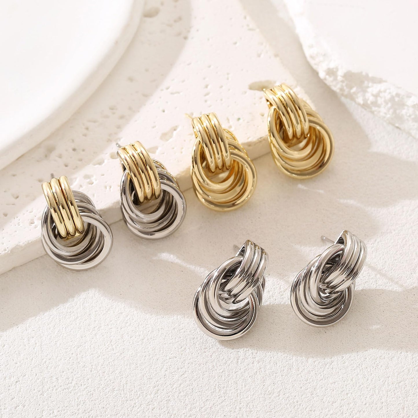 Chunky Silver Drop Earrings for Women - Minimalist Knot Earrings, Trendy Geometric Dangle Statement Earring Jewelry