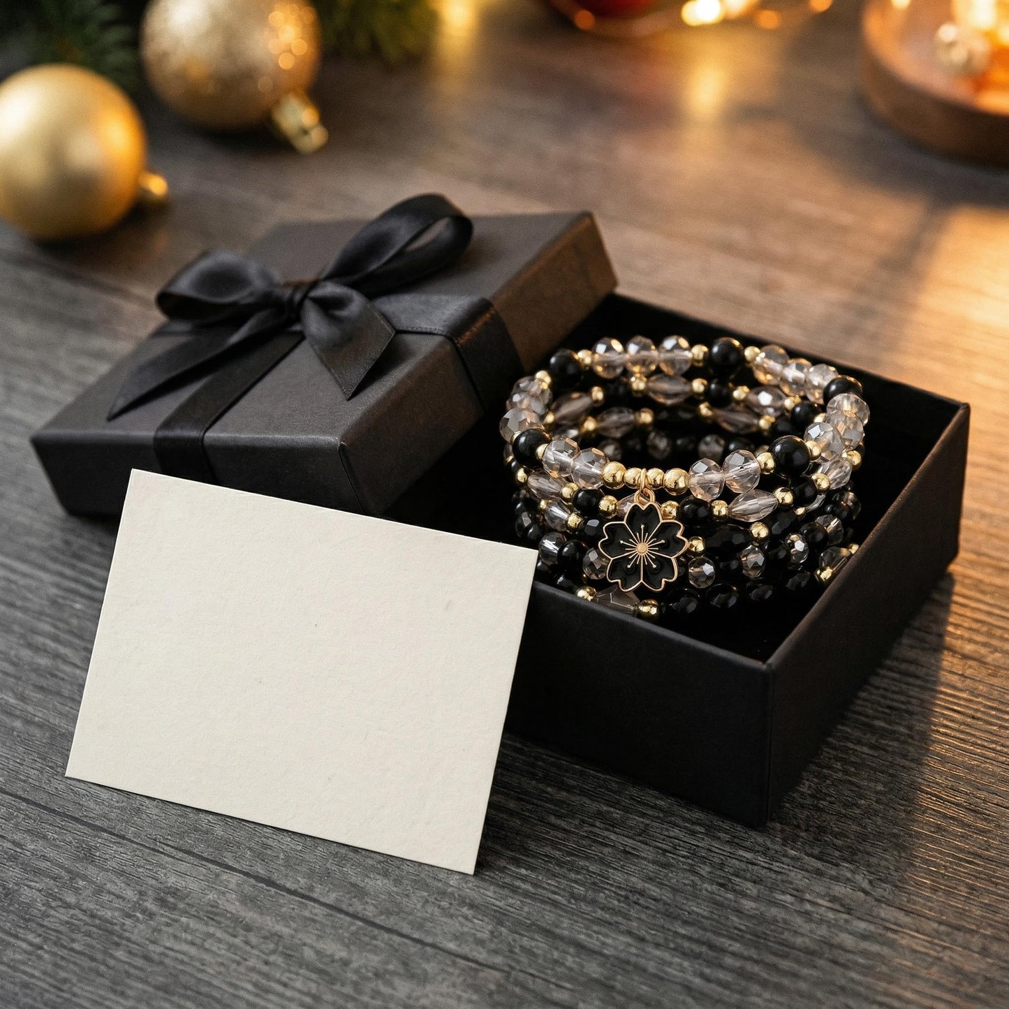 LOTSOF Boho Flower Beaded Bracelet Set for Women - Multilayer Crystal & Flower Charm Stackable Bracelets, Fashion Jewelry Gift for Her (Black)