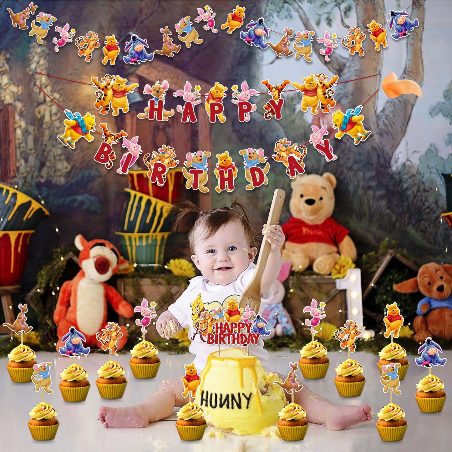 Winie The Pooh Theme Birthday Party Supplies, Cartoon Bear Party Decoration Set, Cute Themed Celebration Decor Kit for Birthday, Table Setup, Backdrop, Home Event Decoration Supplies