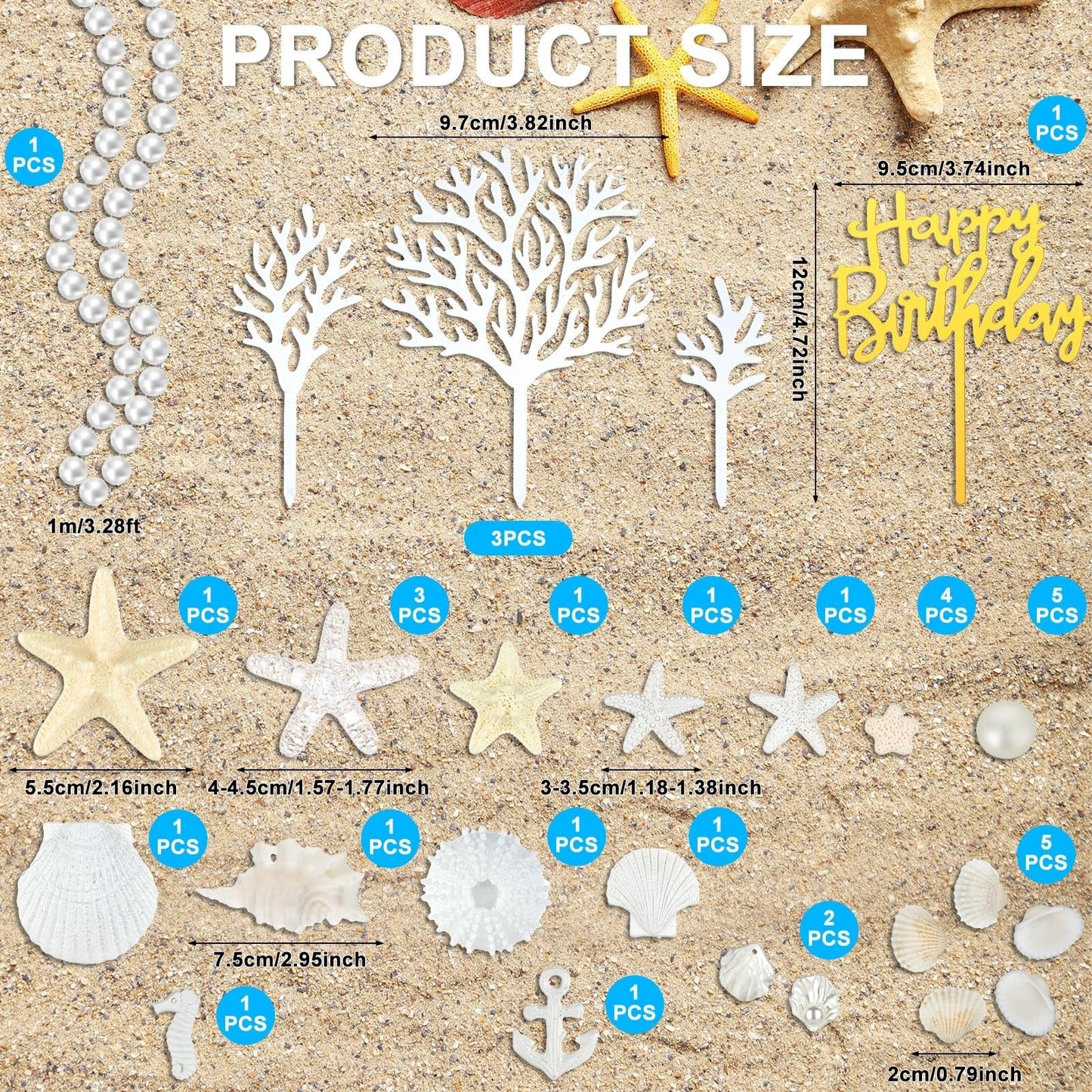 Prospura 34Pcs Beach Cake Topper Set, Under the Sea Theme Decorations with Golden Happy Birthday Sign, Ocean Seashells Starfish Conch for Summer Birthday Party Supplies