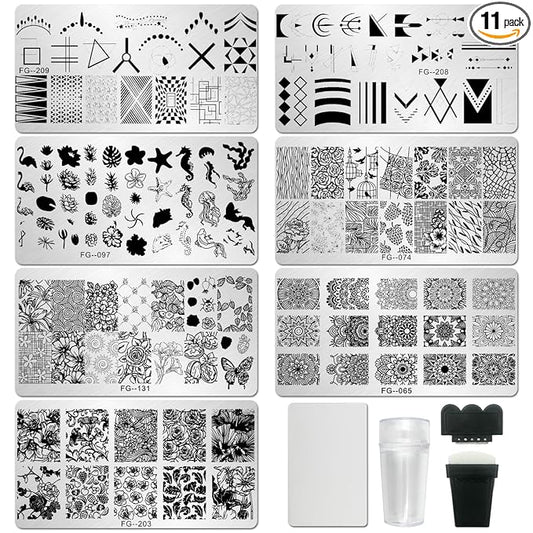 AddFavor Nail Stamper Kit 7pcs Nail Stamping Plates Flower Geometric Mandala Animal Image Nail Stencils with 2 Stamp and 2 Scraper for Home Salon Manicure Design Supplies Tools