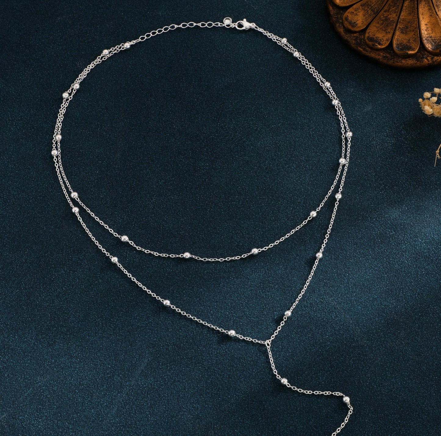 Lariat Silver Necklace for Women Waterprooof, Layered Long Necklace 14k Silver Plated Y-Shaped Beaded Chain Drop Necklace Body Chain Trendy Beach Accessories Fashion Silver Jewelry for Women Gift