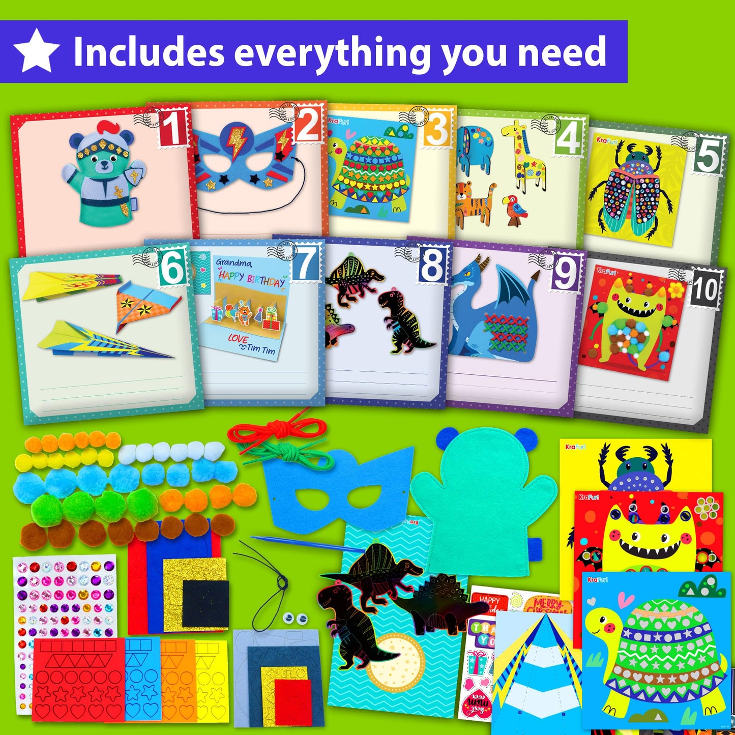 KRAFUN Toddler Art and Craft Kit, Preschool Educational Activities with 10 Envelope Projects - Origami, Puppets, Lacing & Pompoms, Creative DIY Gifts for Boys and Girls Ages 3-5