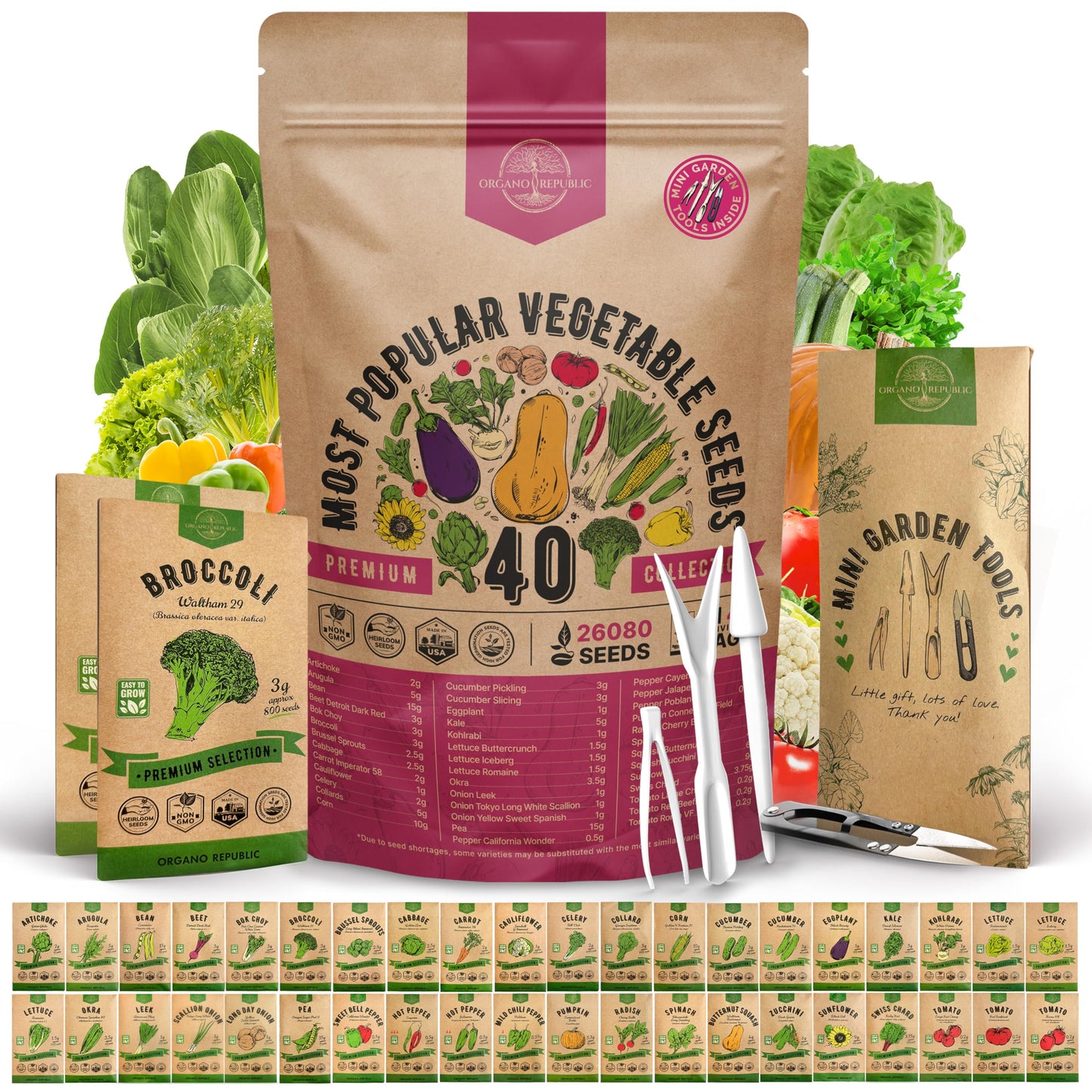 Organo Republic 40 Vegetable Seeds Variety Pack - 26000 Non GMO Heirloom Seeds for Planting Vegetables & Fruits in Bulk Individual Seed Packets, Home Garden Seeds for Hydroponic, Indoor & Outdoors