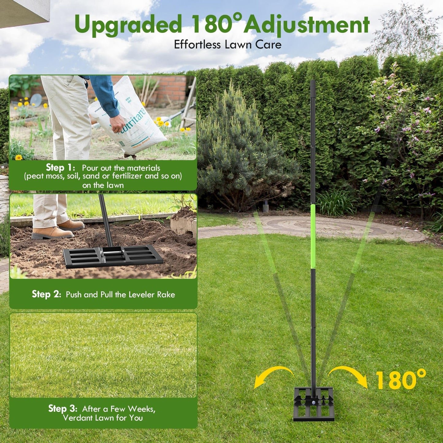 Seeutek Lawn Leveling Rake, 17" x 10" Heavy Duty Yard Leveling Rake Tool with 0-180° Adjustable Handle, 6.5FT Steel Handle Lawn Leveler for Yard Garden Golf, Ease Level Soil Sand Dirt Surface