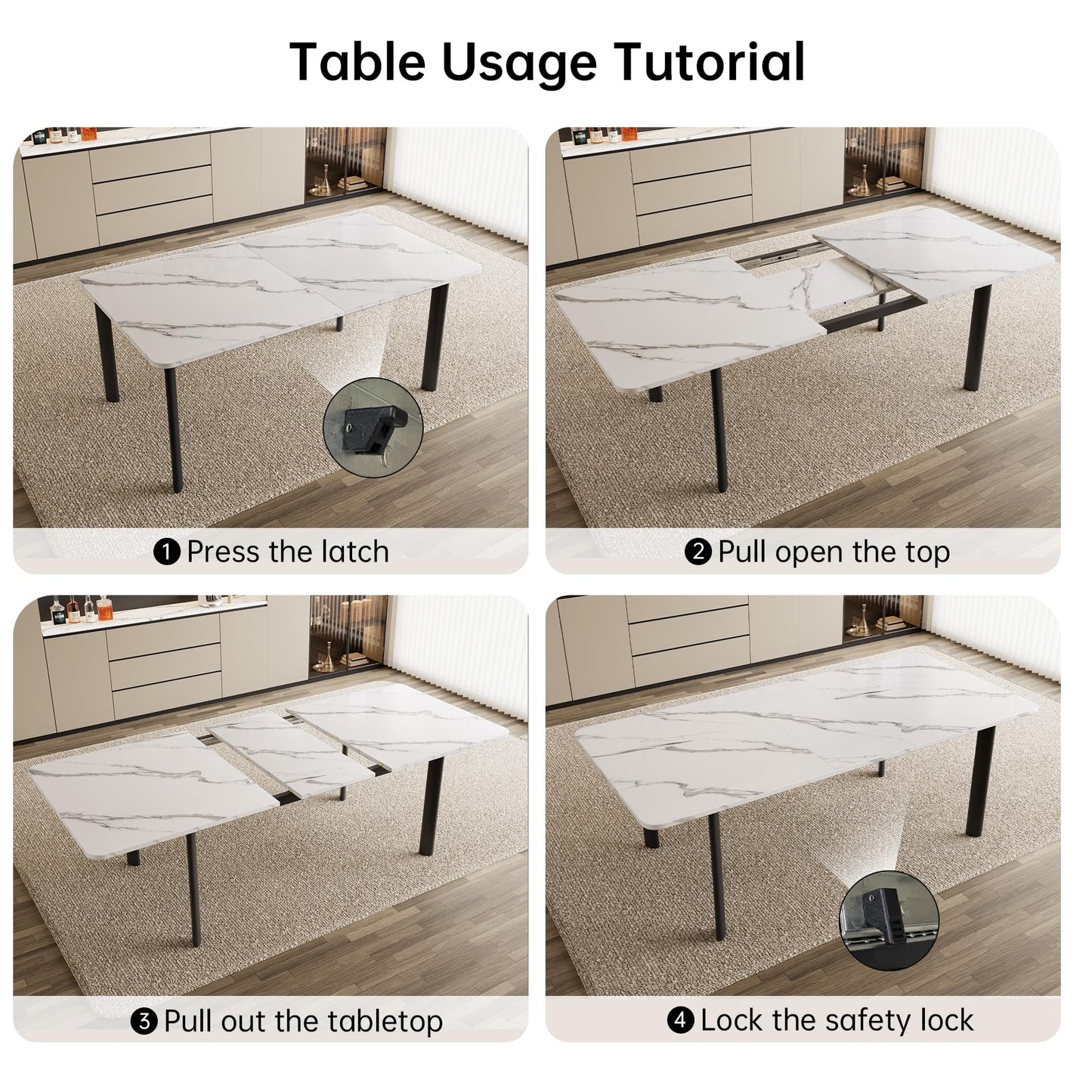 HIPIHOM Extendable Dining Table Set for 6-8 People, 63 to 78.7 Inch MDF Kitchen Table with 6 Upholstered Chairs, Space-Saving for Dining Room, Breakfast Nook(White Table & 6 U-Shaped White Chairs)
