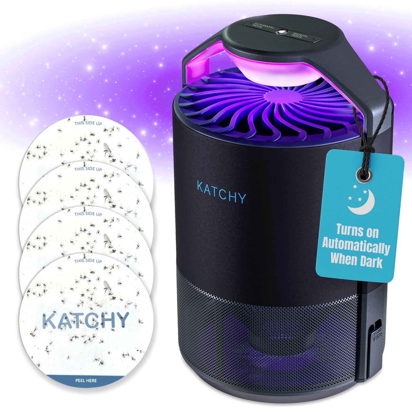 Katchy Midnight Indoor Insect Trap – Auto/Manual Mode – Blue Light & Fan Suction Catcher for Mosquito, Fruit Fly, Gnat, Fungus Gnat & Moth – Ideal for Kitchen & Indoor Plants (Black)