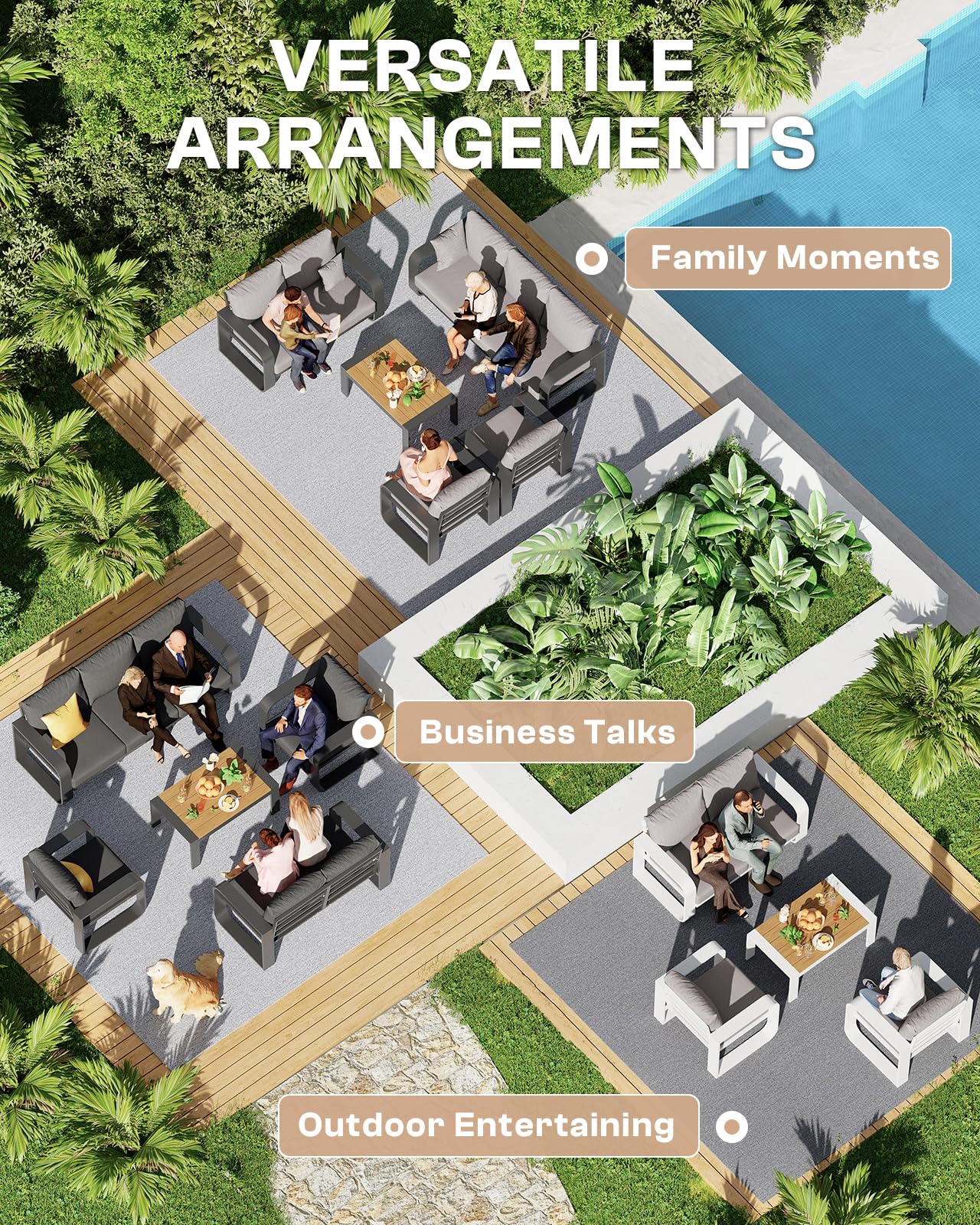 Oasbira Aluminum Outdoor Patio Furniture Set, 5 Piece Oversized Patio Conversation Sets Widened Armrest & Ultra-Thick Cushions, Heavy Duty Modern Sectional Furniture for Backyard, Porch, Gray