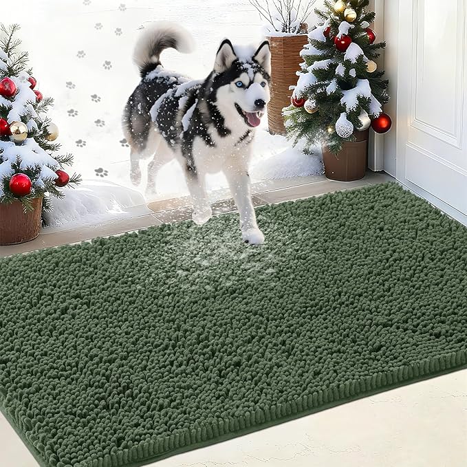 IM HOME Chenille Absorbent Outdoor Doormat 60" x 36", Washable Muddy Door Mats for Dog Non Slip Indoor Doormat Dog Mat for Muddy Paw Front Inside Doormats for Entryway Olive