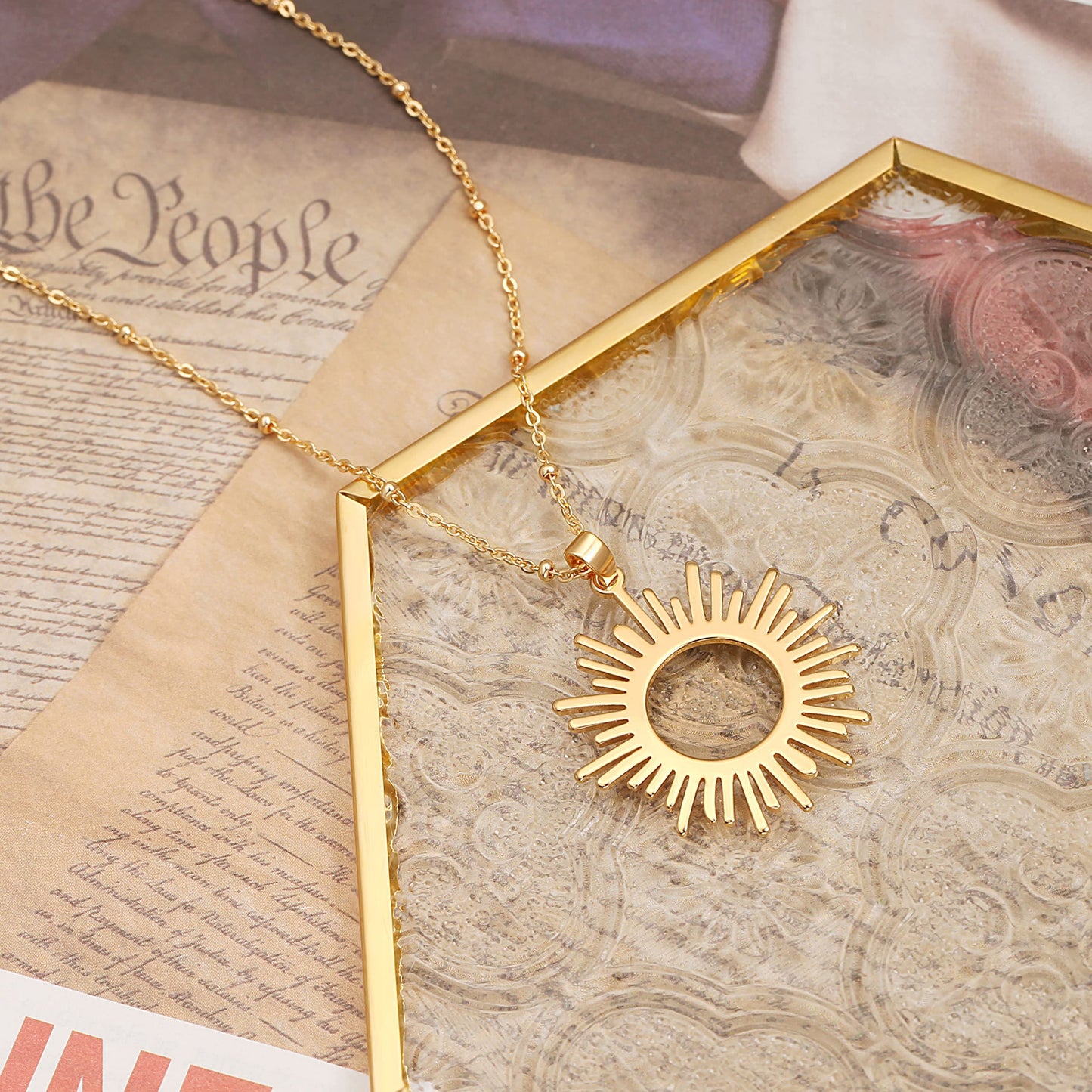 CANEVINKA 18k Gold Plated Flat High Polish Sun Hoop Pendant Beads Station Necklace Flake Gold Sunshine Pendant Satellite Chain Necklace for Women