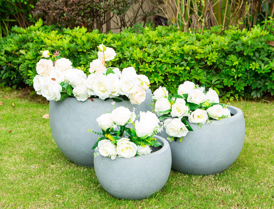 20", 16" and 12" W Round Slate Gray Concrete/Fiberglass Indoor Outdoor Elegant Bowl Planters (Set of 3)