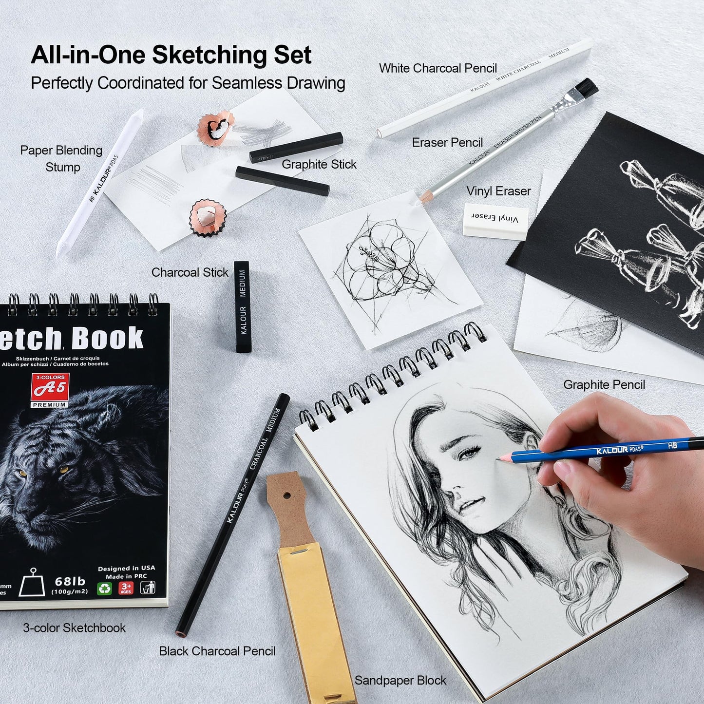 KALOUR 95-Piece Sketching and Drawing Art Set with 3-color Sketch Book and Pastel Paper – Graphite, Charcoal, and Pastel Pencils – Complete Artist Kit for Beginners and Professionals