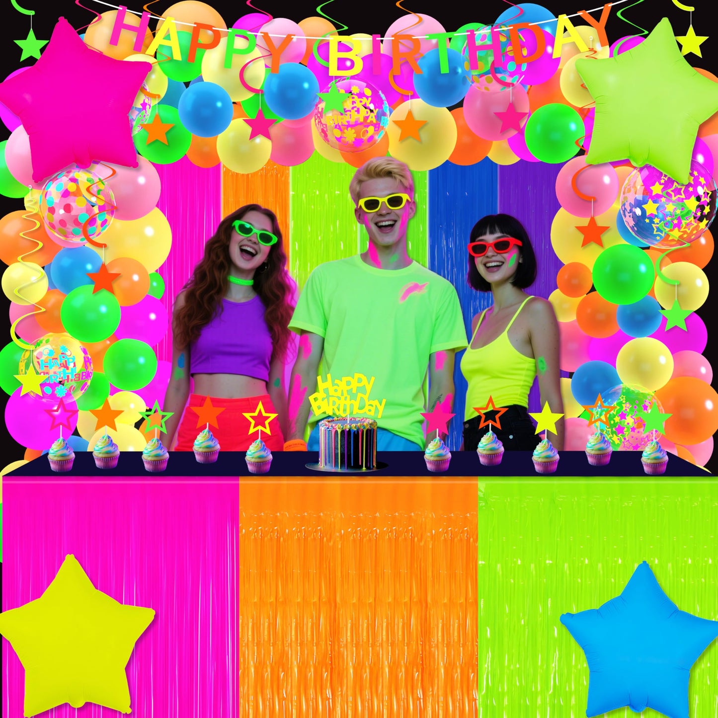 Glow in The Dark Party Supplies Kit - Neon Birthday Decorations with Balloon Garland Arch, Fluorescent Tinsel Curtains, Star Swirls, Cake Toppers & Table Skirt (100+ Pieces)