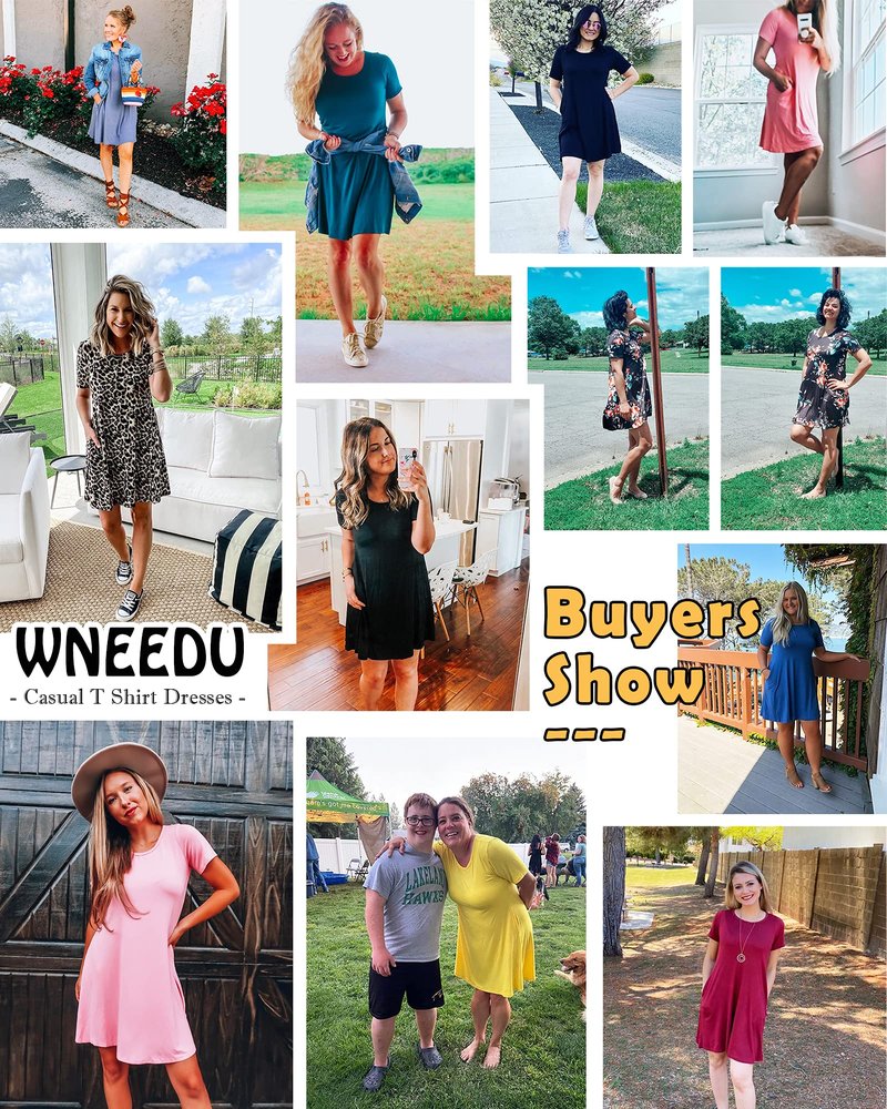 WNEEDU Women's Summer Casual T-Shirt Dress with Pockets — Short Sleeve Swing Dress (Beja Blue,2XL)