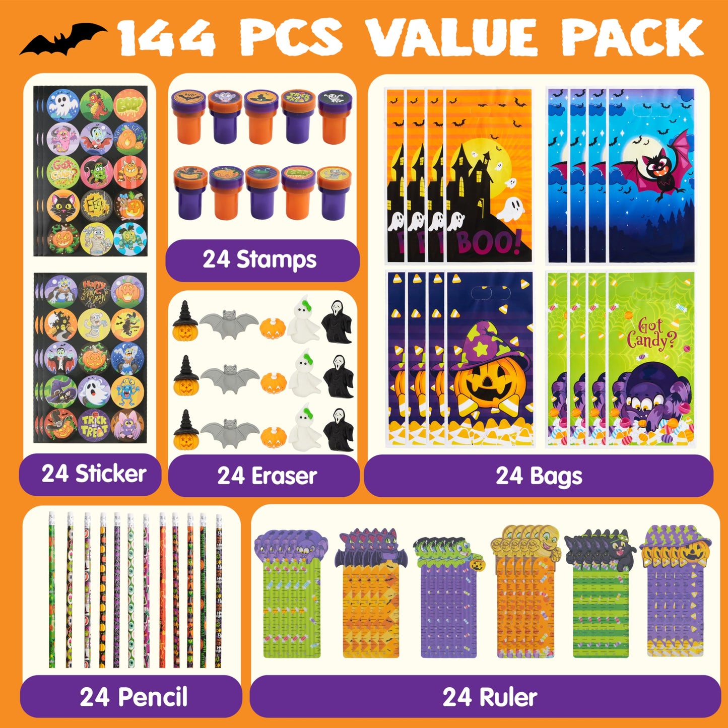 JOYIN 144 Pieces 24 Pack Assorted Halloween Themed Stationery Kids Gift Set Trick Treat Prize Party Favor Toy Including Halloween Pencils, Rulers, Stickers, Stamps and Erasers in Trick or Treat Bags