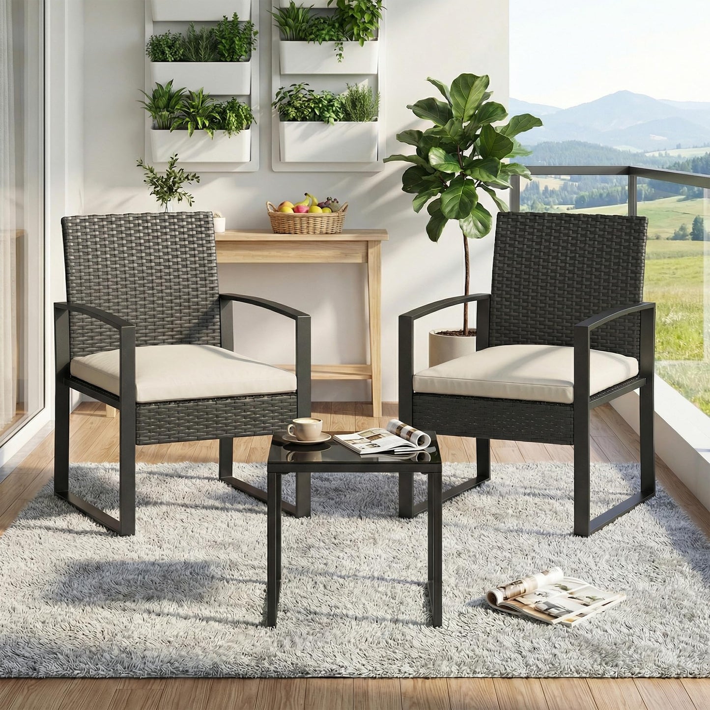 Garvee 3 Pieces Patio Bistro Set, PE Rattan Patio Conversation Set with Tempered Glass Coffee Table, Outdoor Wicker Furniture for Patio Garden Balcony Backyard, Black and Beige