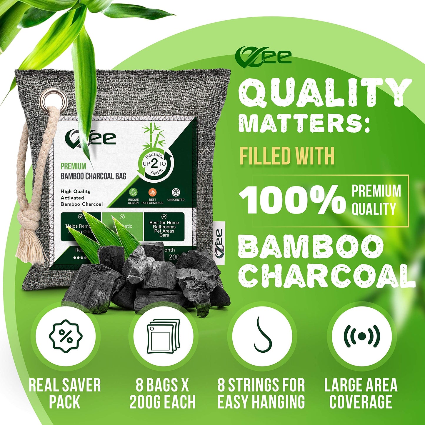 8 XL Bags x 200g Nature Fresh Activated Odor Absorber, Bamboo Charcoal Air Purifying Bag, Odor Eliminator for Home, Car, Cigarette Smoke, Dog, Cat, Shoes