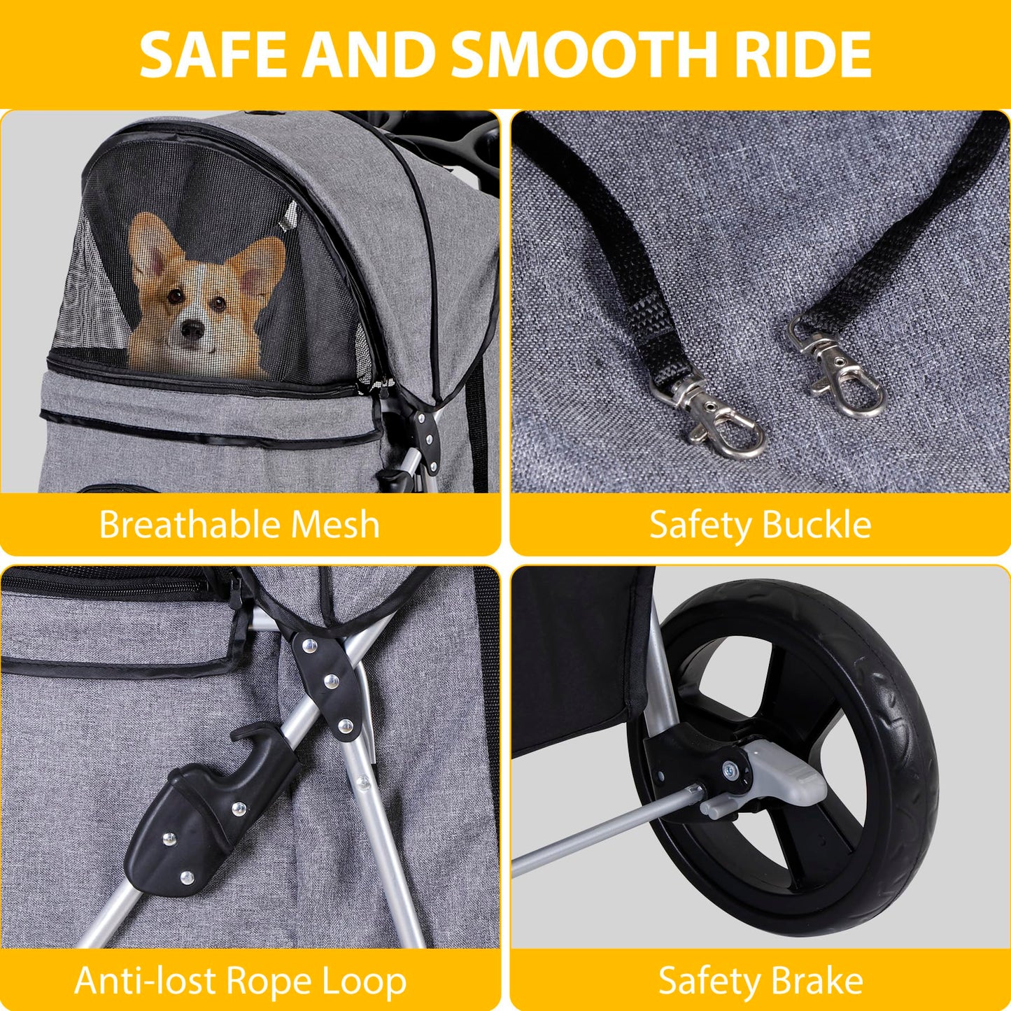 ZENY Foldable Pet Stroller, Cat/Dog Stroller with 4 Wheel, Pet Travel Carrier Strolling Cart with Storage Basket, Cup Holder (Grey)