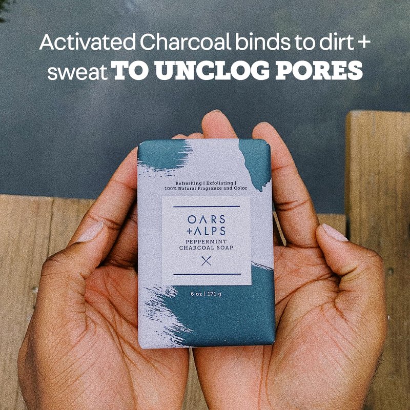 Oars + Alps Exfoliating & Moisturizing Bar Soap for Men, Deep Cleaning Soap, Clean Ingredients, All Skin Types, Peppermint Charcoal, 3pk