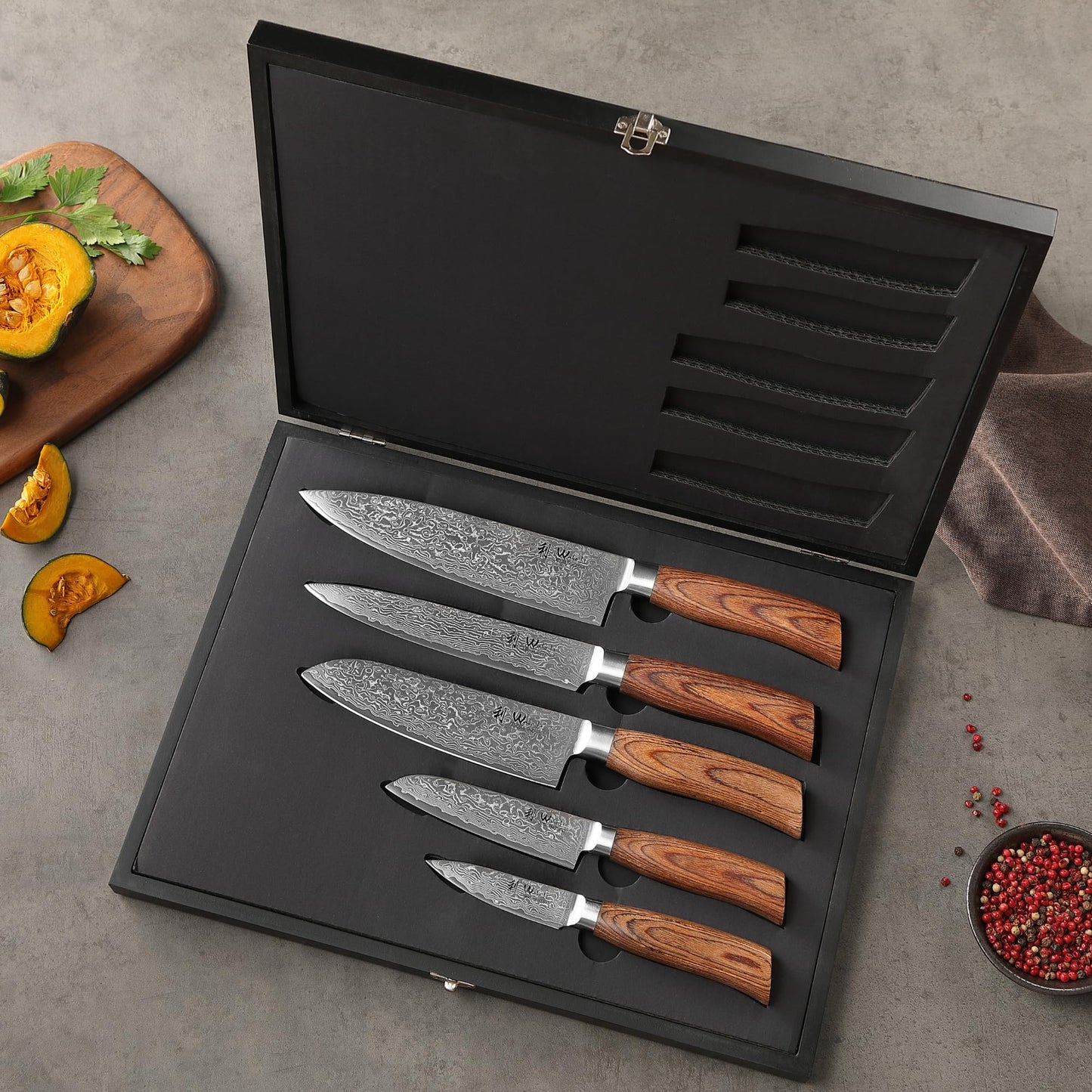 Wakoli EDIB Pro 5-Piece Damascus Knife Set – Professional Chef Knives Set with VG10 Core Blades, 67-Layer Damascus Steel and Ergonomic Pakkawood Handles – Premium Kitchen Knives in Wooden Gift Box