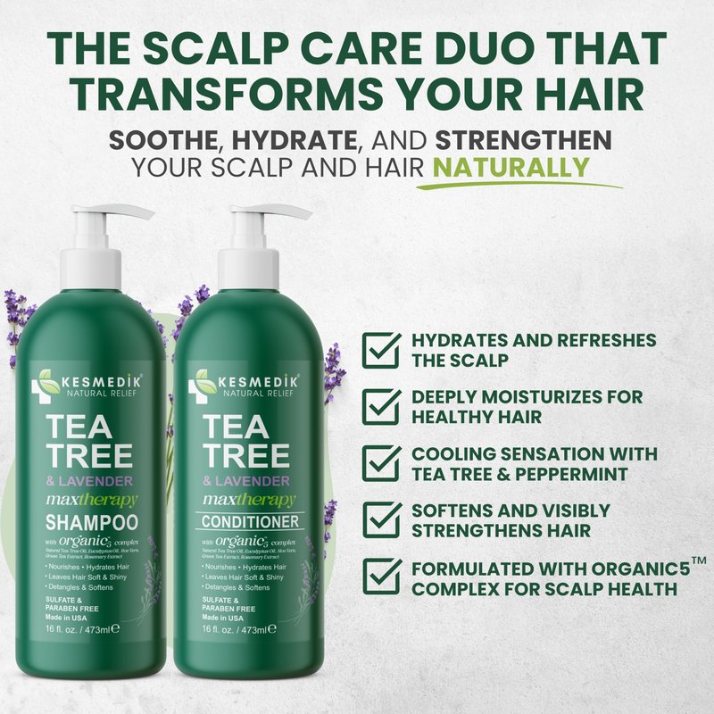 KESMEDIK Tea Tree Lavender Shampoo & Conditioner Set with Mint & Rosemary, Cleanses, Cools & Soothes Dry, Itchy Scalp, Sulfate & Paraben-Free, For All Hair Types, 16 fl oz Each