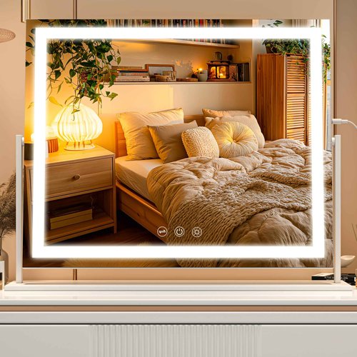 Batuso Vanity Mirror with Lights, 24'' x 20'' Lighted Makeup Mirror, Touch Screen with 3-Color Lighting, Dimmable for Vanity Desk Tabletop Square White