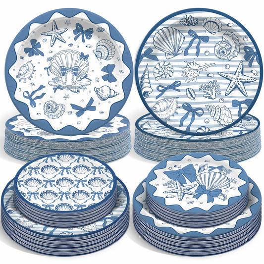 Acellegic 48 Pcs Beach Seashell Paper Plates 9"and 7" Oval Coastal Summer Starfish Disposable Paper Plates Under The Sea Ocean Theme Party Supplies for Summer Beach Birthday Wedding Party Decorations