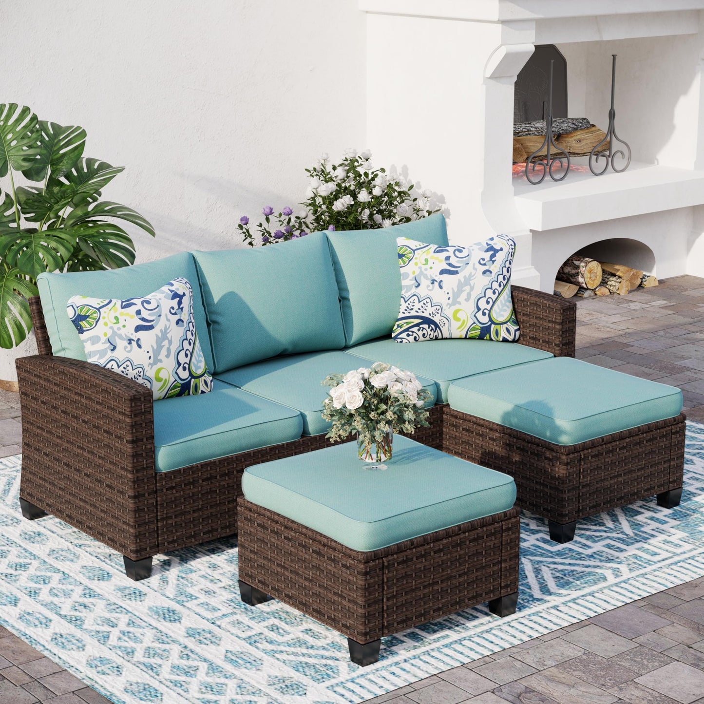 SUNSHINE VALLEY L-Shaped Outdoor Furniture Set, 5-Seat Couch with 2 Ottomans, Durable Rattan Sofa for Small Patios, Modular All-Weather Use, Blue