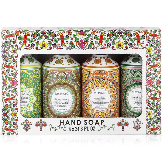 Mosaic Liquid Hand Soap / Hand Wash Gift Set, Ideal for Bathroom and Kitchen Hand Soap Set , Olive Oil + Coconut & Hibiscus + Gardenia + Orange Blossom, 4 x 24.6 fl oz Each Liquid Soap Bottle