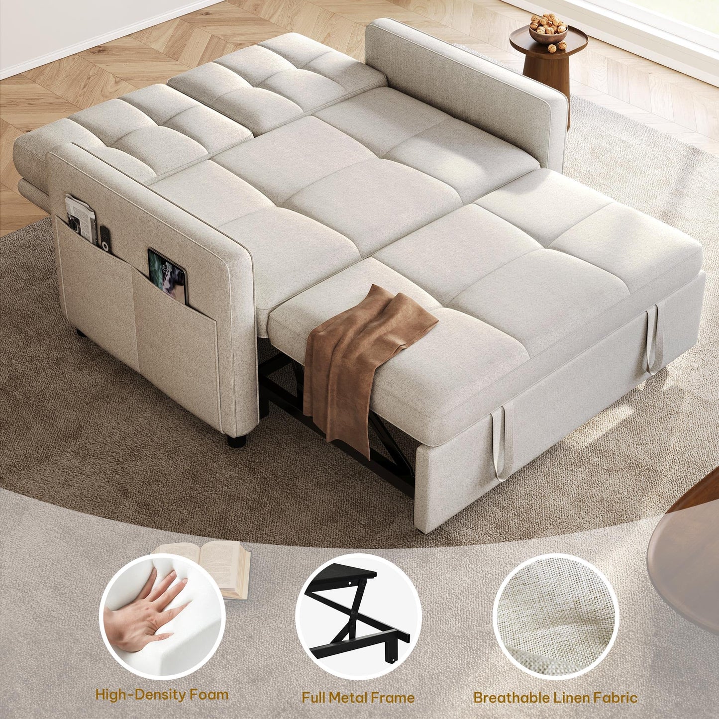 DWVO 55" Convertible Sofa Bed, 3-in-1 Sleeper Sofa with Pull-Out Bed, Linen Futon Couch with Adjustable Backrest and Side Pocket, Modern Loveseat for Living Room Apartment, Light Beige