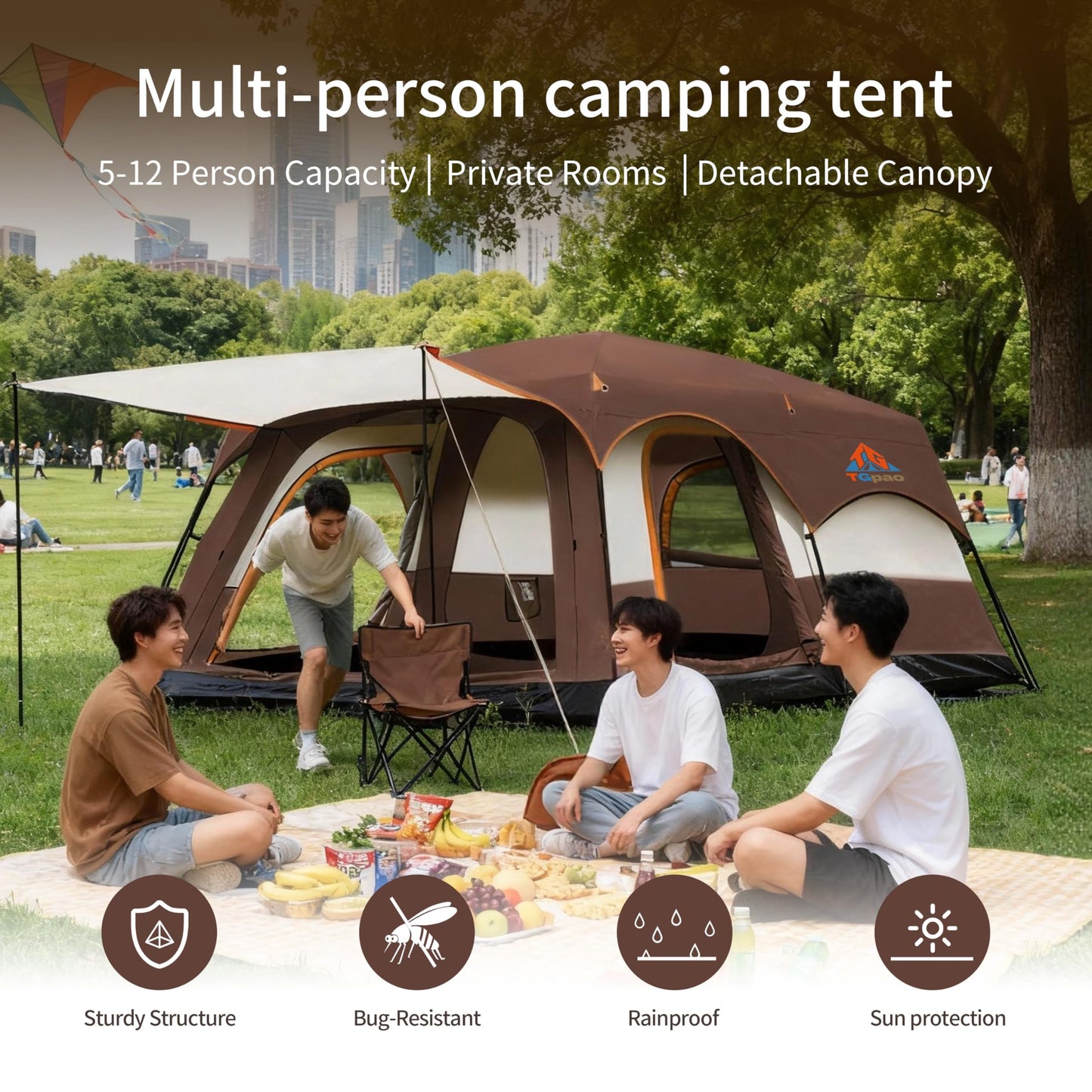 TGpao Large Family Camping Tent, 4-6 Person Multi-Room Waterproof Tent with Screened Porch,Glamping Tent for Camping with Lightning Protection (Coffee,4-6 People)