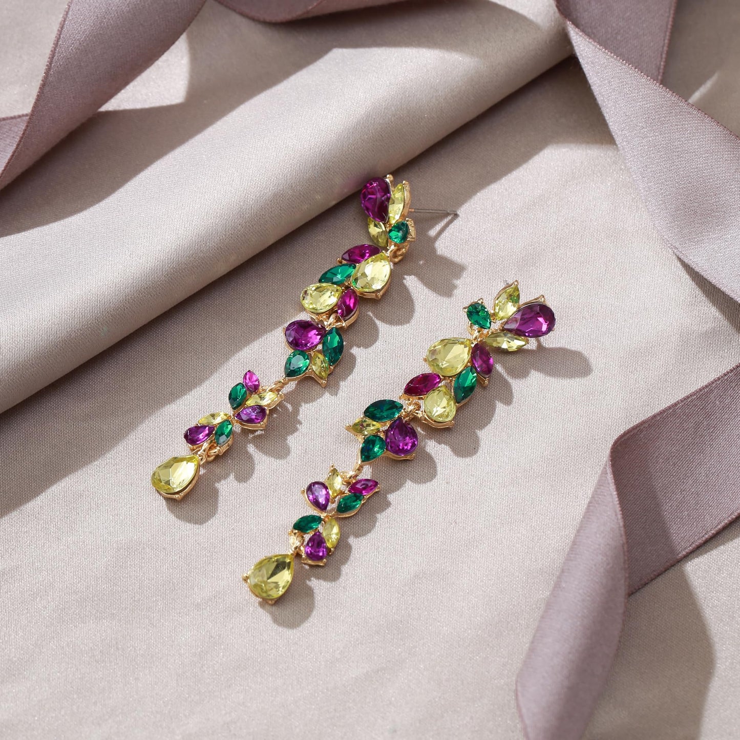 EVER FAITH Rhinestone Crystal Mardi Gras Chandelier Dangle Earring for Women, Cluster Marquise Teardrop Long Earrings for Carnival Holiday Party Purple Green Yellow